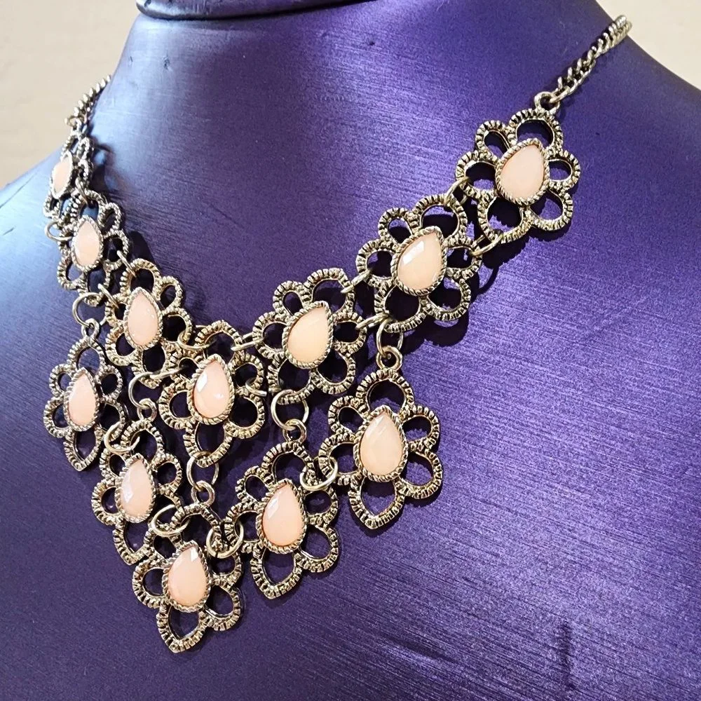 Gold Flower Faceted Light Pink Teardrop Accent Statement Bib Necklace